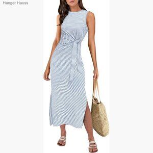 Slim Fit Sleeveless Midi Dress Tie Waist Split Tank Casual Summer Dress